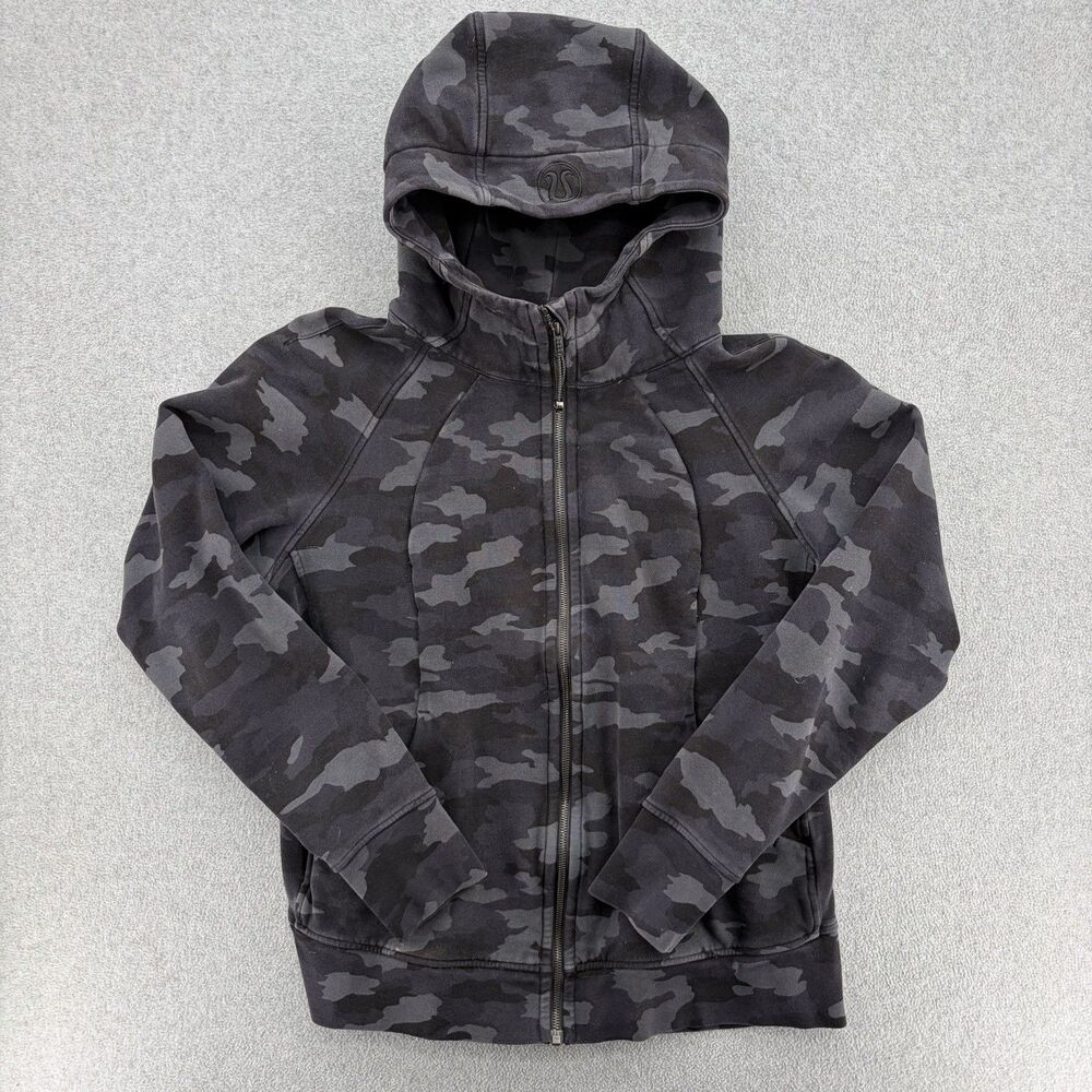 Lululemon Scuba Hoodie Womens 18 Black Gray Camo Full Zip Jacket Thumbholes